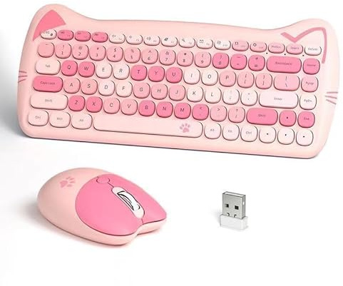 Lindo juego de teclado y mouse inalámbrico en forma de gato, 84 teclas, USB compatible con Windows XP/7/8/10, rosa