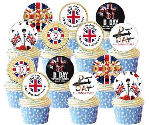 36PCS 81th Anniversary, D Day Cake Toppers, Europe 1944 UK Round Party Supplies Cupcakes Picks Toppers