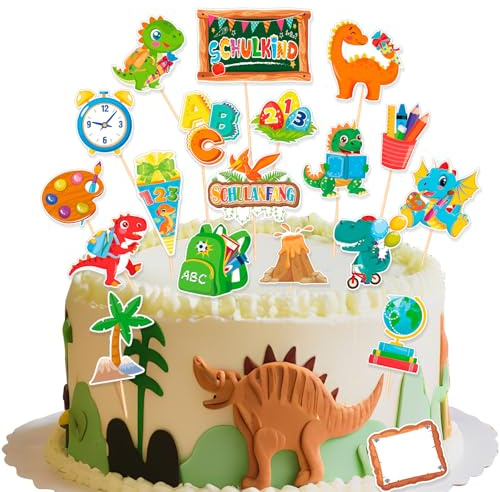 HOWAF Tortendeko Einschulung Dino, 19 STK Cake Topper Einschulung Dino, Kuchendeko Schulanfang Deko, Zuckertüte ABC 123 Schulkind Tortendeko für Schulanfang Tischdeko, B