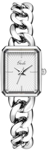 Women's Small Luxury Fashion Rectangular Chain Bracelet Quartz Watch Ladies Stainless Steel Band Dress Wristwatch Gold Silver (Silver)