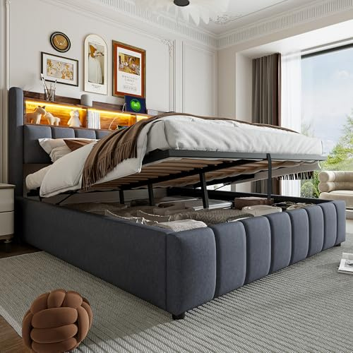 Laxnb Bett 180x200 cm Polsterbett Doppelbett, Jugendbett Betten mit Stauraum, Kopfteil mit LED&USB und Regal, Hydraulisches Stauraumbett Bettgestell Bett mit Lattenrost, Leinen Grau, Ohne Matratze