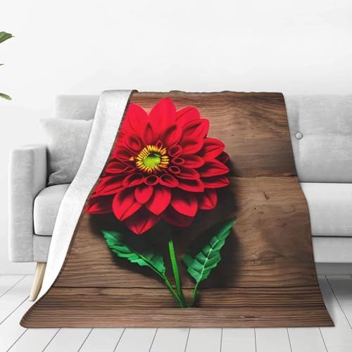 jingong Flanelldecke mit Holzbrett, Retro-Blume, roter Dahlie, verschiedene Größen, weich, leicht und warm, passend für alle Jahreszeiten