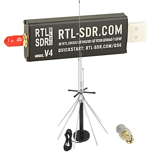Impulsfoto RTL-SDR Blog V4 (R828D) + Moonraker SKYSCAN Desktop Scanner-Antenne (25–2000 MHz) – Breitband-Komplettset für HF/VHF/UHF-Empfang
