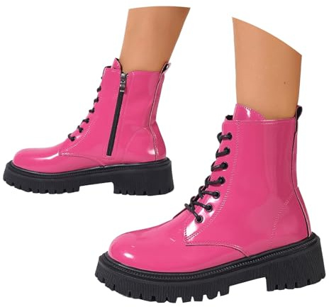 UK 7 Ankle Boots for Women Patent Leather Platform Lug Sole Combat Booties Lace up Low Block Chunky Heel Side Zipper Fall Winter Black Military Boot Shoes Stylish Hot Pink Footwear Gift