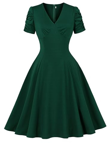 Wellwits Women's Ruched Sleeves Vintage Cocktail Dress | Stretchy Fabric, Simple Elegant,Solid,1940s,1950s