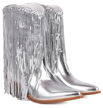 TNMIUH Bottes Western à Franges Métalliques Femme, Style Cowboy, Argent et Or, 6 cm, Bottines Femme, Bottes Paillettes Faire la fête,Argent,45 EU
