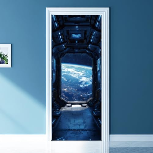 arricraft 2 Blatt Selbstklebender Türaufkleber 80cm X 200cm /31.5x78.7 Zoll Raumschiff Fenster Tür Wandbilder Aufkleber PVC Abnehmbare Tapeten Dekoration Für Schlafzimmer Wohnzimmer
