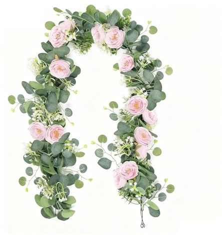 GIBZ Guirlande de Fleurs Artificielle Vigne de Roses Décoration Murale Faux Lierre pour Mariage Fête Table, Rose