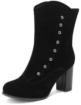 Vintage Korta Stövlar Med Nitar Damankelboots I Mocka Med Blockklack 2025 Varmt Fodrade Ankelstövlar Höst Vinter Höga Klackar Med Dragkedja Eleganta Aftonskor(Black,41 EU)