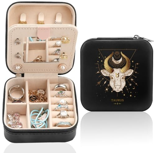 FIDWALL Personalisierte Schmuckbox mit Spiegel, Kompaktes Schmuckkästchen mit Sternzeichen, Tragbarer Schmuck-Organizer, Geburtstag, Valentinstag & Muttertag (Stier)