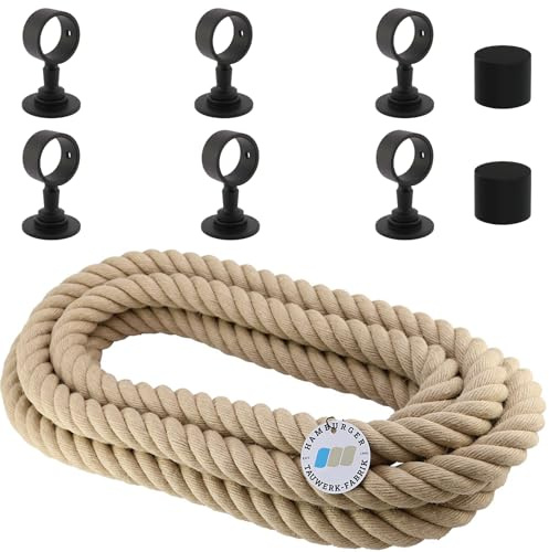 Handlaufseil-Set Ø 30 mm – 6 m Polyhanf-Seil „Nature Touch“ naturfarben mit 2 Endkappen & 6 Seilträgern, schwarz matt | Treppe & Geländer