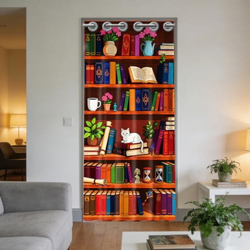CONCHLERY Vorhang, Türvorhang, Raumteiler, 200x100 cm, Polyester, Cartoon Bücherregal Katze Muster