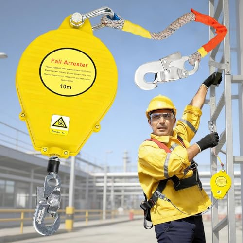 YAOYAOO Dispositivo Anticaduta Retrattile 3-20M, Imbracatura Sicurezza Anticaduta Lavori in Quota, Richiamo Automatico e Gancio Autobloccante per Edilizia Tetto Elettrica(Giallo,10m)