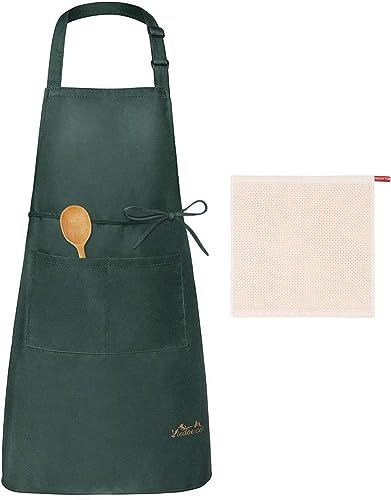 Viedouce Schürze, Wasserdicht Kochschürze mit Taschen, Verstellbarem Küchenschürze Grillschürze latzschürze für Frauen Männer Chef-Belastbar & Einfach zu Reinigen(1x Schürze Grün+ 1 x Küchentuch)