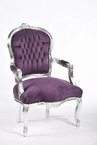 Sessel Barock Luis Blatt Silber Samt Violett Luxury