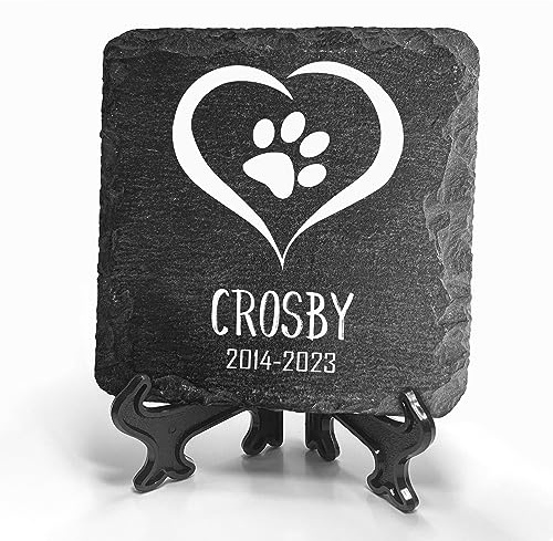TULLUN Individueller Personalisiert Natürlich Tiergrabstein Schiefer Gedenkstein + Ständer für Hund, Katze, Kaninchen und andere Haustiere - Größe 10 x 10 cm - Herz