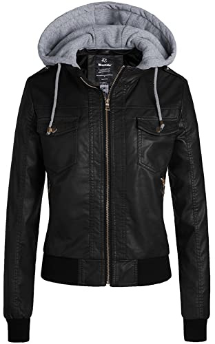 wantdo Women's Lightweight Faux Leather Motorcycle Jacket with Hoodie Windbreaker Black(lightweight) L