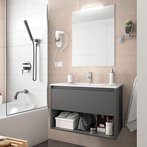 Yellowshop | Mobile bagno sospeso 60 Cm legno cassetto vano lavabo specchiera LED mod. Noja (Grigio Opaco)