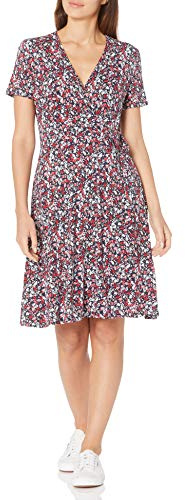 Amazon Essentials Abito Avvolgente a Maniche Corte Donna, Blu Marino Motivo Floreale Piccolo, M