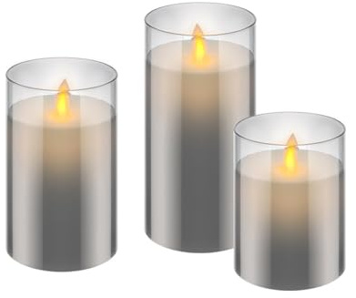 goobay 57865 3er-Set LED Echtwachskerzen im Glas (grau) mit Timerfunktion, warmweißer Kerzenschein, bewegliche Flamme, 10, 12,5 & 15cm hohe Kerzen Transparent, Klar