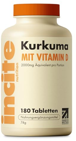 Incite Nutrition Comprimidos de Cúrcuma 2000 mg con Vitamina D. Suministro para 3 Meses de Curcumina. Antioxidante, Antiinflamatorio, Alta Potencia para el Sistema Inmune. Sin OGM y Aptos Vegetarianos