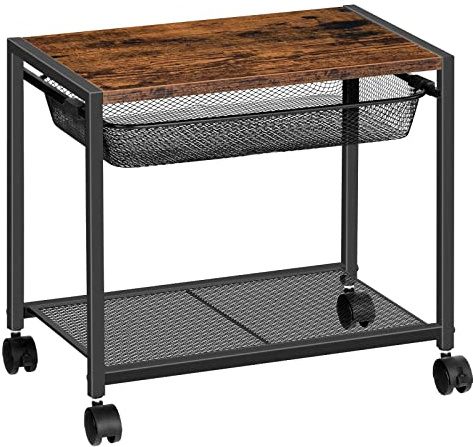 HOOBRO Printer Desktop Stand, 2-Tier Printer Table with 4 Removable Casters, Under Desk Storage Cart on Wheels, Heavy Duty Machine Storage Rack for Office and Home, Rustic Brown and Black EBF12PS01