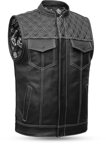Leatherick SOA Style Men’s Black Leather Motorcycle Vest – White Diamond Stitch Biker Vest with Paisley Satin Inner Lining