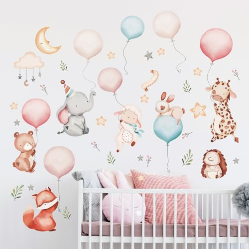 Tanlaby Karikatur Tier Wandtattoo Rosa Ballon Wolken Stern Wandsticker Dschungel
