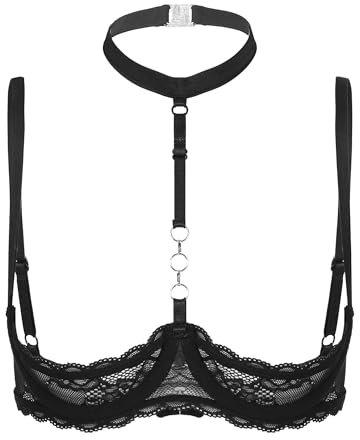 CHICTRY Womens Lace Push Up Bra Underwire 1/4 Cups Brassiere Shelf Bras Balconette Bralette Lingerie 2# Black S