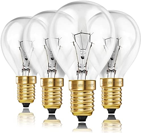 Confezione da 4 lampadine da forno da 40 W, 300 C, 2700 K, bianco caldo, 350 lumen, a incandescenza, 230 V, dimmerabili, G45 SES, lampadine da forno da golf per fornelli e forni