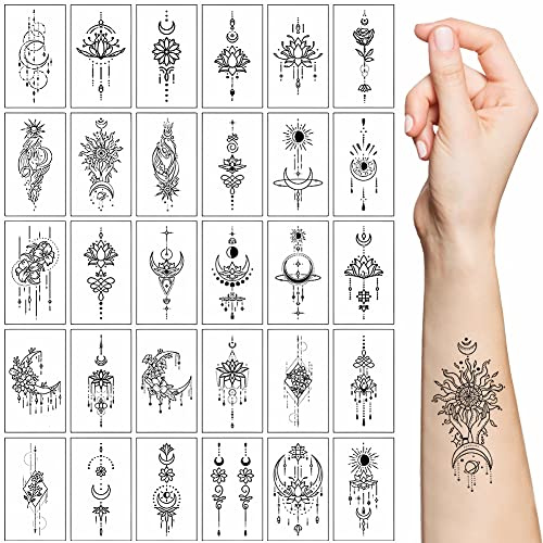 30 Bögen Temporäre Tattoos - Schwarzer Lotus, Blumen, Tribal, Gefälschter Schmuck, Anhänger, Spitze, Mond, Motten - Semi Permanent Transfer Aufkleber für Frauen Mädchen Make-up Zubehör