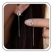 Boho Hochzeit Tropfenförmige kleine CZ Ohrringe Silber Zierliche Birnenförmige Ohrringe mit Durchzug Langkette Quaste Anhänger Kristall Ohrstecker Einfache Linie Bar Drop Zart Minimalistisch Frauen