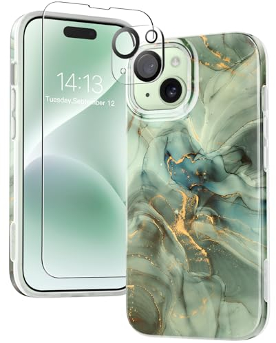 GVIEWIN Kompatibel mit iPhone 15 Hülle 6,1 2023, mit Schutzfolie + Kameraschutz, [Militärischer Schutz] Anti-Gelb Glitzer Marmor Muster TPU Dünn Stoßfest Kratzfest Schutzhülle Handyhülle, Grün