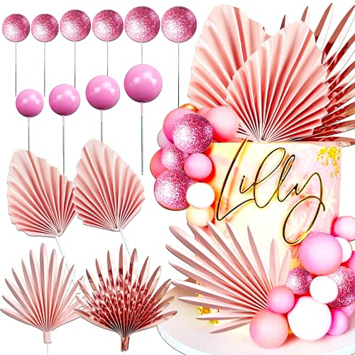 JeVenis Rose Gold Balls Cake Decoration Baby Shower Cake decorations Palm Leaves Cake Decorations Rose Cake Topper Boho Cake Decorations Palm Leaves Cake Decoration