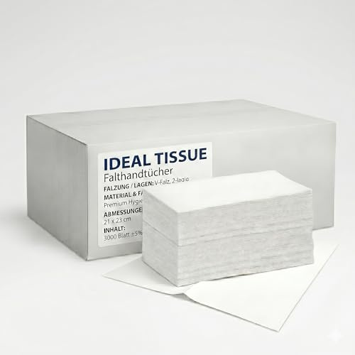 LUCY Hygiene - IDEAL TISSUE - Papierhandtücher V-Falz | 2-lagig, 21x23cm | 3000 Blatt | 100% Zellstoff, Hochweiß | sehr saugstark, reißfest & weich |Optimal für V-Falz/ZZ-Falz Handtuchspender
