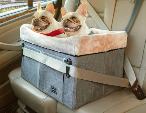 Petsfit Hundesitz Auto Rückbank für mittlere Hunde oder 2 kleine Hunde, Vordersitz mit Waschbares Matte, 2 Anschnallgurte und Aufbewahrungstasche, M, Grau