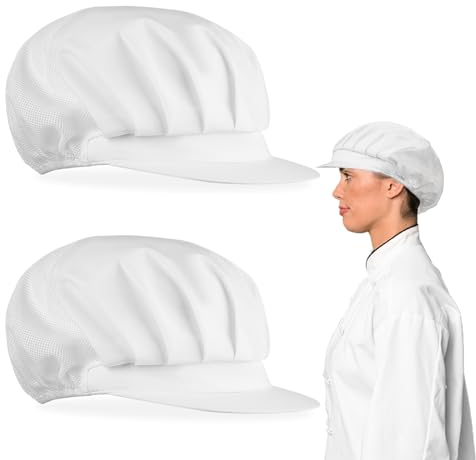 TIEOME 2 Stück Kochmütze Damen, Elastisch Kochen Hut Mesh atmungsaktiv Staubmütze Arbeitshut Industrie Werkstatt Hut Kappe für Küche Bäckerhaarnetz Catering Service(Weiß)