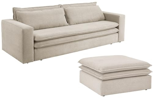Furn.Design Schlafsofa in beige Cord Sofa 3-Sitzer Schlafcouch inklusive Fußhocker Couch mit Schlaffunktion ausklappbar Polstermöbel Couchgarnitur 244 cm Pesaro (Beige, Mit Hocker)