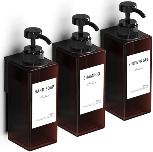 Anhow 3PCS Soap Dispenser Set 500 ml | Wall Mounted Shampoo and Conditioner Dispenser | Wall Without Drilling Plastic Shower Pump Dispenser with Waterproof Labels for Kitchen and Bathroom (Amber)