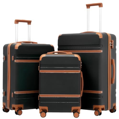 COOLIFE Koffer Set, 3 Teilig Reisekoffer mit TSA-Schloss Teleskopgriff und 4 Zwillingsrollen, Rollkoffer für Reisen und Geschäftsreisen (Schwarz/Braun, Koffer-Set)