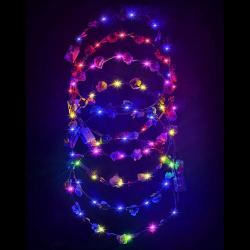 6Pcs Blumenkranz Leuchtend,Haarkranz LED,LED Haarreif,Blumenkranz Haare Leuchtend,Haarkranz Leuchtend für Damen und Kinder Festival Geburtstag Weihnachten Halloween Fasching Party Hochzeit Dekor