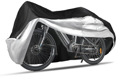 Varstrom Fahrradabdeckung Wasserdicht, Fahrradgarage Wetterfest Plane für Aussen, Fahrrad Abdeckplane Polyester 190T Fahrradplane Regenschutz, Outdoor Abdeckung Schutzhülle Schwarz und Silber