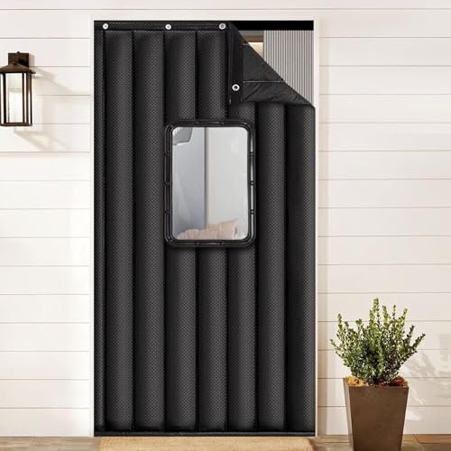 LKPMGOA Rideau de Porte Isolant Thermique, Rideau de Porte Isolé, Couverture D'isolation de Porte Temporaire, avec Fenêtre, Tissu Oxford(Black,W120cm*H220cm)