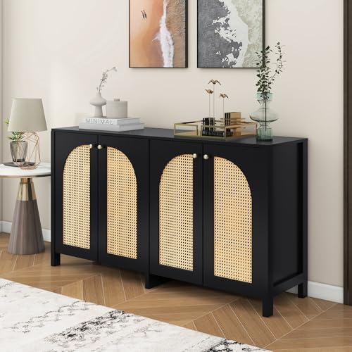 Merax Sideboard mit 4-Rattantür, Moderne Buffetschrank Mehrzweckschrank mit viel Stauraum, Verstellbare Ablage, Beistellschrank für Wohnzimmer, Esszimmer, Flur, Küche, Landhausstil, Schwarz, 145cm