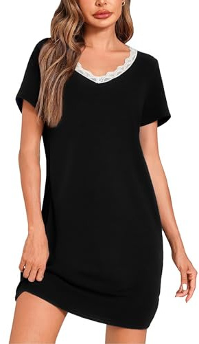 Litherday Camisón Mujer de Manga Corta de Algodón Camisones de Jersey con Cuello en V Vestido Tipo Camiseta Suave para Casa Verano Negro XXL