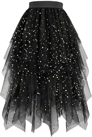 Hanpceirs Damen Tüll Röcke High Low Layered Puffy Fee Röcke A-Linie Midi Rock Unregelmäßiger Tutu Rock Schwarz Pailletten L