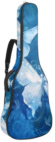 KengjuTesu 43 Zoll Akustikgitarre Softcase mit Rucksackgurt und 2 Taschen Leuchtende weiße Schmetterlinge, keine Polsterung, Rucksack, wasserdichtes Oxford-Gewebe, Bassgitarre, Gigbag für