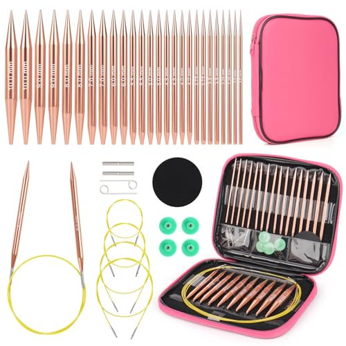 Aeelike Austauschbare Rundstricknadeln Set mit Etui und Zubehör, 13 Paar 3mm-10mm Stricknadeln Set Austauschbar, Rundstricknadel Set Austauschbar für Anfänger und Erwachsene, Rosa