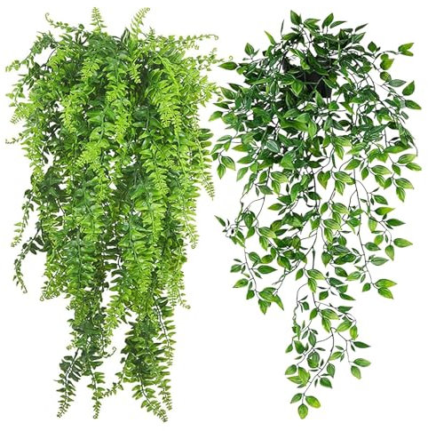 YTPAFK 2Pcs Artificial Plants Indoor, Hanging Fake Plants, Hanging Plant, Greenery Faux Plants for Indoors, for Home Decor Indoor Outdoor Wall Room Patio Office Table Shelf
