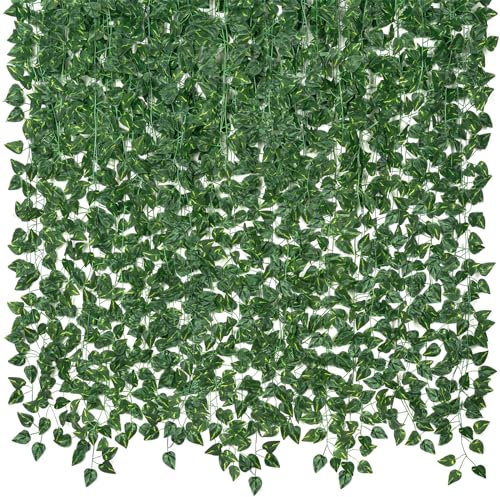 CQURE 12Pcs Fake Ivy Garland Artificial Vines for Room Decor,Artificial Ivy Greenery Garland UV Resistant Leaves Fake Plants Hanging Vine for Bedroom Aesthetic Wedding Garden Wall Decor（84FT ）